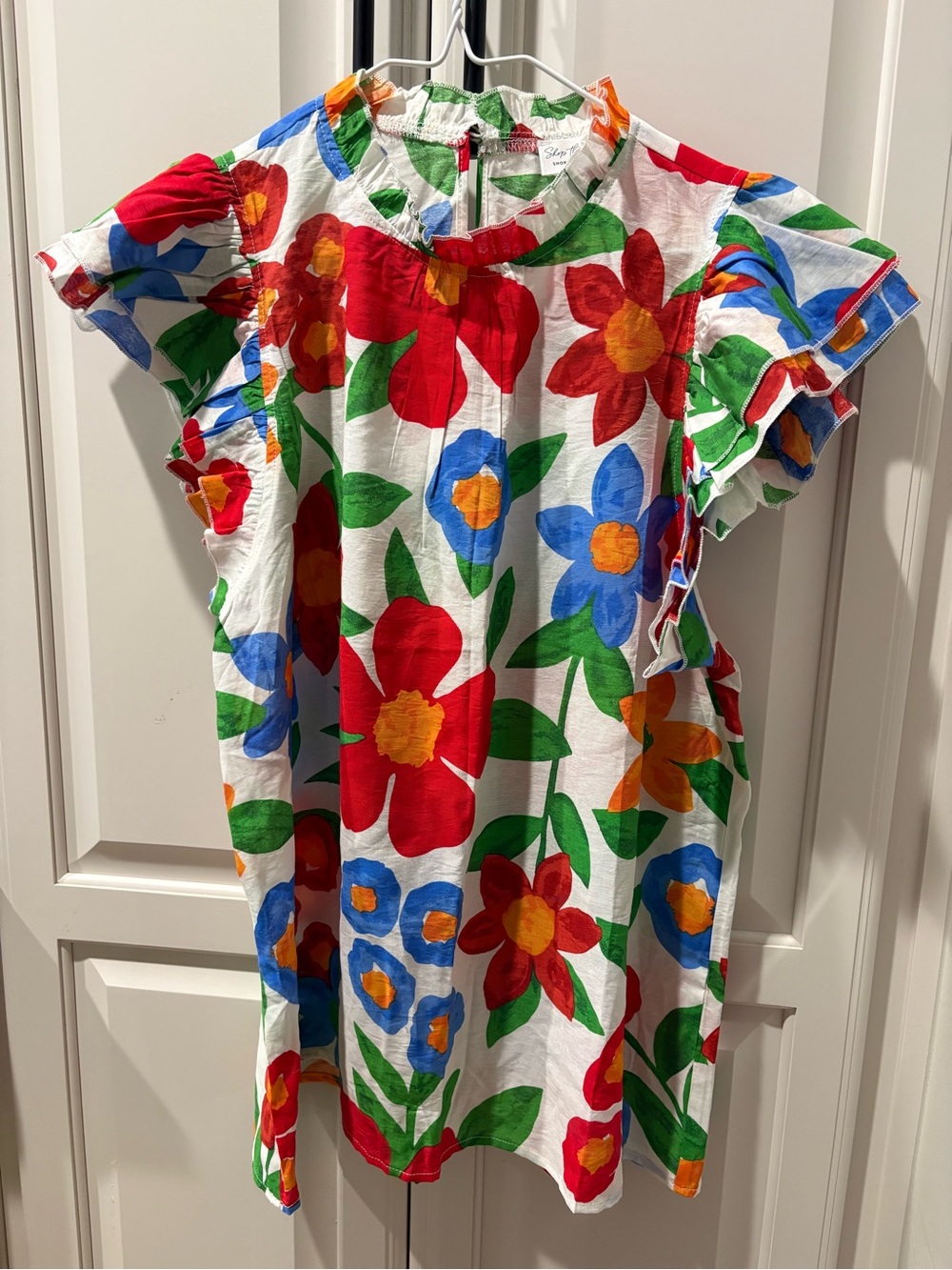 Women’s White Floral Blouse with Red & Blue Blooms